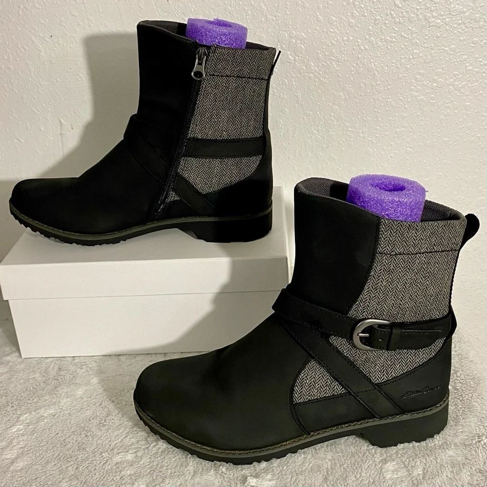 Eddie Bauer Covey 2.0 Boots Women’s Size 8.5 Black Leather Gray Tweed Side Zip